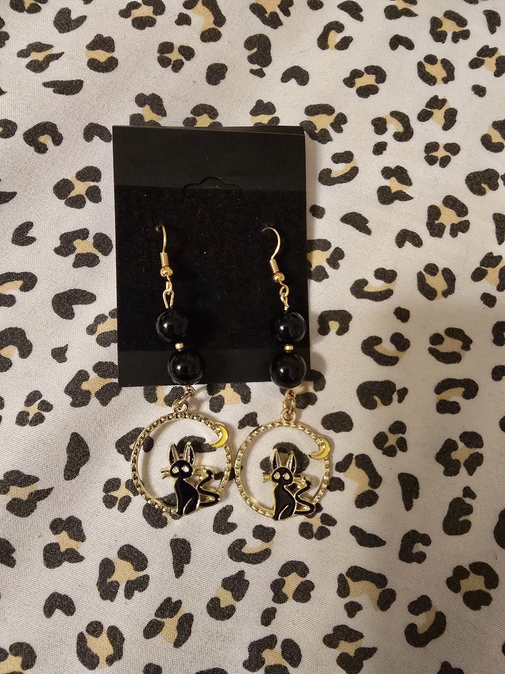 Gold-Tone Black Cat Moon Drop Earrings - Unbranded